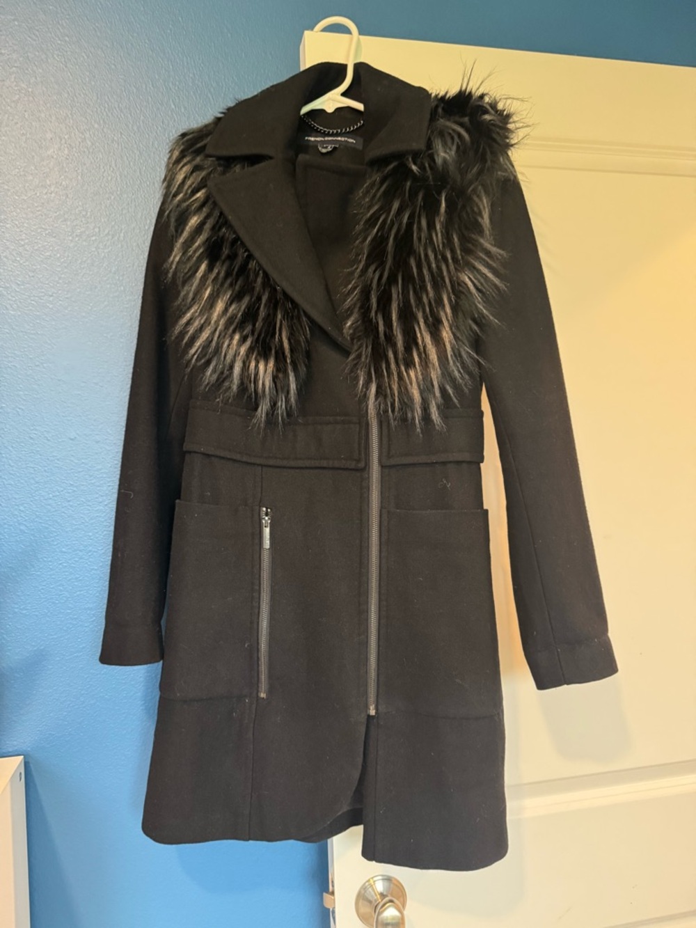 French Connection Black Wool Coat with Removable Faux Fur Trim